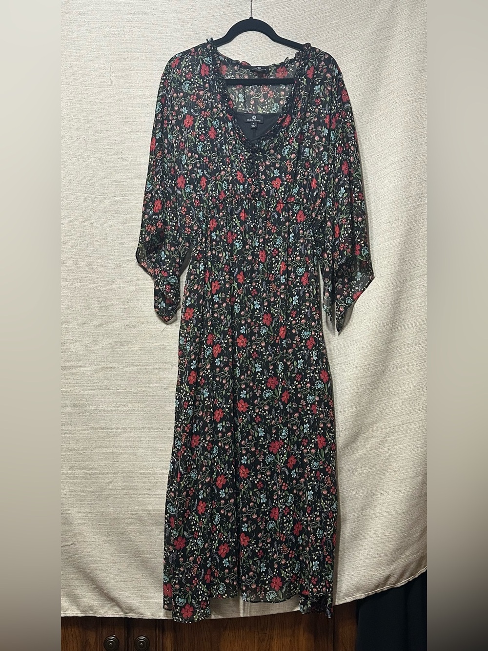 NWOT Curations XL Black Floral Maxi Dress with Slip, Empire Waist.